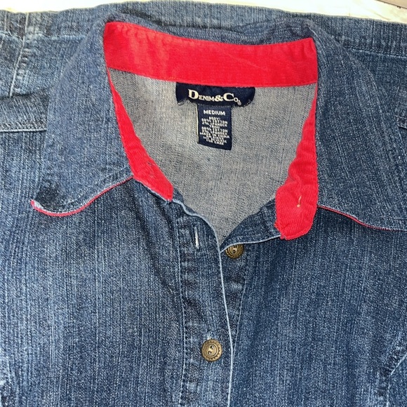 Vtg Denim 3/4 sleeve button up dress/duster size medium red corduroy cuffs - Picture 2 of 12